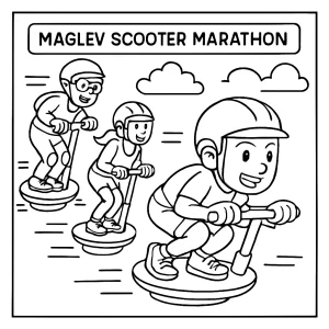 Maglev Scooter Marathon coloring page featuring racers on futuristic scooters for free printable fun