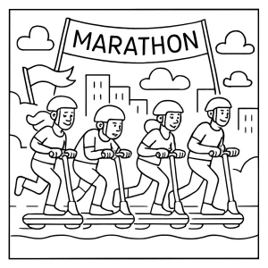 Maglev Scooter Marathon coloring page showing riders racing futuristic scooters in a cityscape, free printable activity for kids.