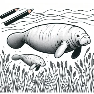 Manatee mother and calf swimming together in seagrass with simple bold lines