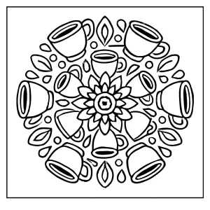 Mandala made of coffee cups coloring page for free printable fun