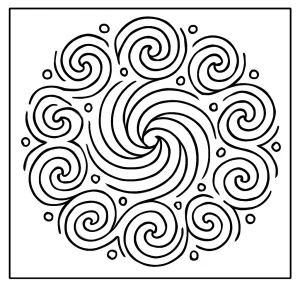 Galaxy spiral mandala coloring page with swirling cosmic patterns, printable for free for kids and adults.