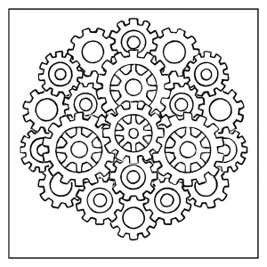 Gear Mandala coloring page featuring interlocking gear cogs in a printable design