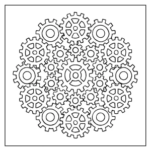 Gear cog mandala coloring page featuring intricate mechanical designs for children and adults to color