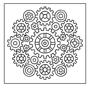 Gear Mandala coloring page with intricate cogs arranged in a circular mandala pattern, printable for free.