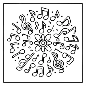 Musical notes mandala coloring page with intricate circular patterns made of music symbols, available for free download and coloring.