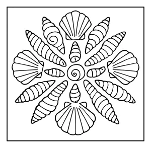 Ocean Shell Mandala coloring page featuring detailed seashell patterns for free printable coloring fun.