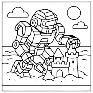 Mech warrior building a sandcastle coloring page for kids to print and color