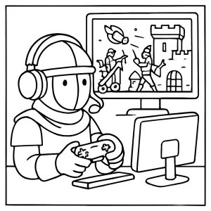 Medieval gamer live-streaming siege coloring page with castle, knights, and gaming setup for kids to color.