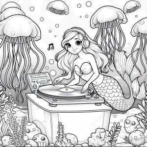 Mermaid DJ spinning vinyl at an underwater rave with jellyfish lights