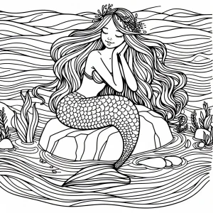 Mermaid brushing her hair while sitting on a rock by the sea