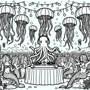 Mermaids dancing at an underwater rave with jellyfish lanterns and an octopus DJ at the turntables.