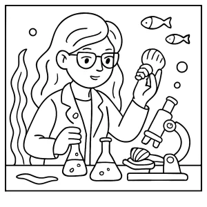 Mermaid scientist studying seashells chemistry coloring page, free printable for kids