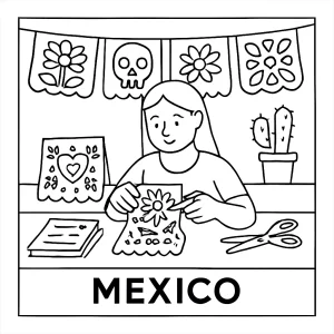 Mexican papel picado workshop coloring page with paper banners and crafts