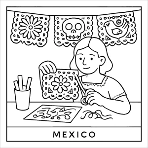 Papel picado workshop coloring page featuring intricate Mexican folk art banners for kids to color