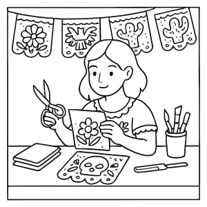 Mexico papel picado workshop coloring page with festive paper decorations and children creating colorful banners