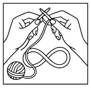 Mindful knitting hands looping yarn into an infinite symbol coloring page, free printable for kids and adults