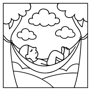 Mindfulness cloud watching on hammock coloring page with a child relaxing outdoors, printable for free