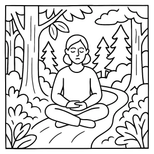 Forest bathing mindfulness trail coloring page featuring a peaceful woodland path, tall trees, and nature elements for kids and adults to color.
