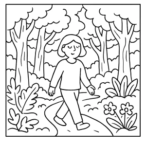 Mindful forest bathing trail coloring page with trees, path, and wildlife for free printable coloring