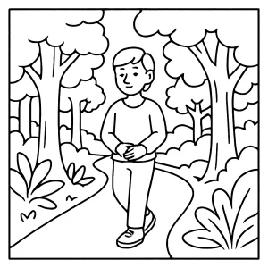 Mindful forest bathing trail coloring page for free printable activity, featuring a peaceful woodland path for relaxation and mindfulness.