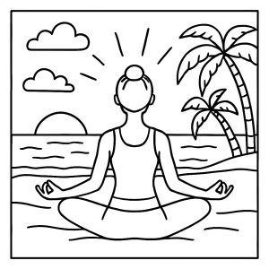 Mindfulness practice gentle yoga beach sunset coloring page with person in yoga pose by the ocean at sunset, printable for kids and adults.