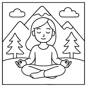 Mountain breathing mindfulness coloring page for kids featuring a peaceful mountain landscape and guided breathing prompts.