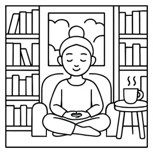 Mindful library nook coloring page with bookshelves, armchair, and reading lamp for printable coloring fun