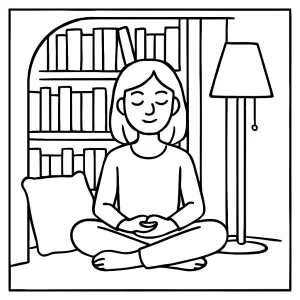 Mindful library nook coloring page with bookshelves, chairs, and a peaceful reading corner for free printable coloring fun.