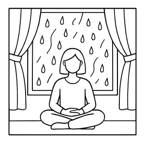 Free mindfulness practice coloring page featuring a window with gentle rainfall, perfect for relaxation and meditation.