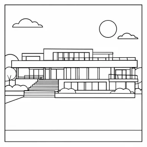 Minimalist line art Villa Tugendhat coloring page, modernist architecture for free printable activity