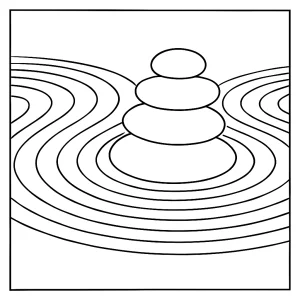 Minimalist zen garden coloring page with raked sand patterns and balanced stones, free printable