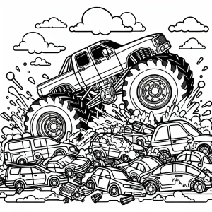 Monster truck rolling over and crushing cars