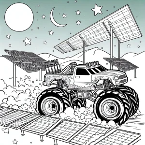 Electric monster truck racing over solar panels coloring page