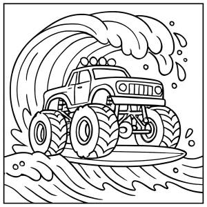 Monster truck surfing a tsunami coloring page, free printable for kids