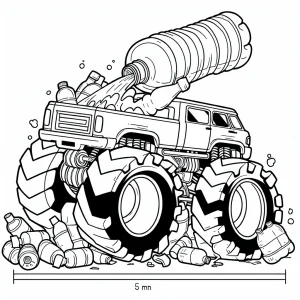 Monster truck with giant eco-rubber tires crushing plastic bottles