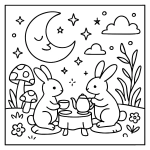 Moon Rabbit Tea Party coloring page featuring rabbits, tea set, and enchanted realm for kids to color