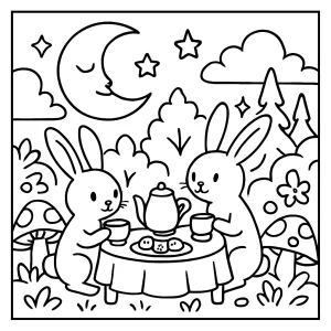 Moon rabbit tea party coloring page with whimsical rabbits, moon, and stars in an enchanted realm