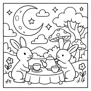 Moon Rabbit Tea Party coloring page – free printable scene with magical rabbits having tea under the moon