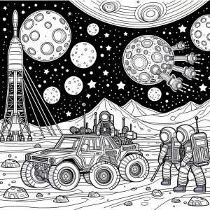 Astronauts driving a lunar rover at a moon base