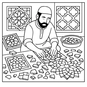 Moroccan zellige tile workshop coloring page showing artisans assembling intricate geometric patterns, printable for free.