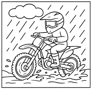 Motocross athlete rainy challenge coloring page featuring a rider on a dirt bike in the rain, printable for kids
