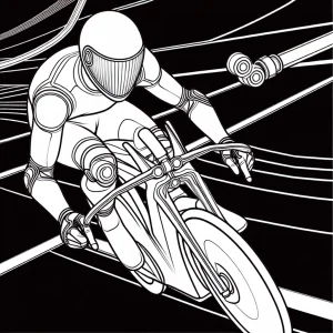 Motorcycle racer wearing augmented reality helmet on racetrack coloring page