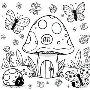 Mushroom fairy house with ladybugs and butterflies coloring page