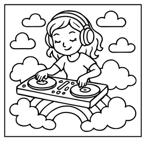 DJ girl mixing vinyl on rainbow clouds coloring page for free printable fun