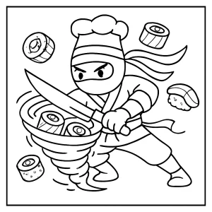 Ninja Chef Slicing Sushi Tornado coloring page featuring a ninja chef slicing sushi in a whirlwind, perfect for kids to print and color for free.