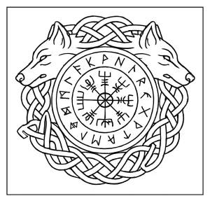 Nordic rune mandala coloring page with intertwining wolves and knotwork