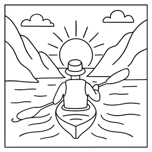 Norwegian midnight-sun kayaking between fjords coloring page, free printable outline for kids and adults