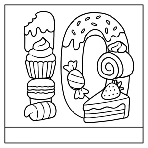 Number 10 shaped by sweet desserts coloring page featuring cupcakes, donuts, and ice cream for kids to color.