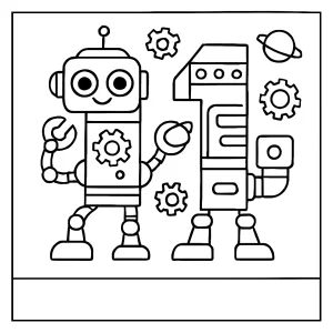 Number 11 robot coloring page for kids – free printable coloring page with robots forming the number eleven for fun and learning.