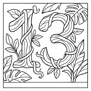Number 13 shaped by jungle vines coloring page, free printable for kids